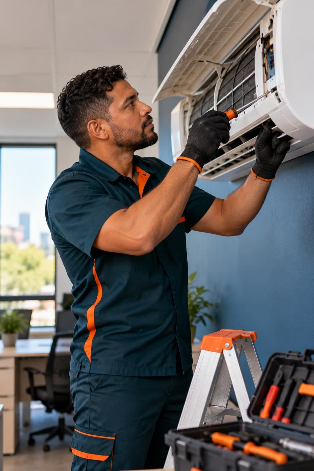 Técnico fazendo manutenção em ar-condicionado