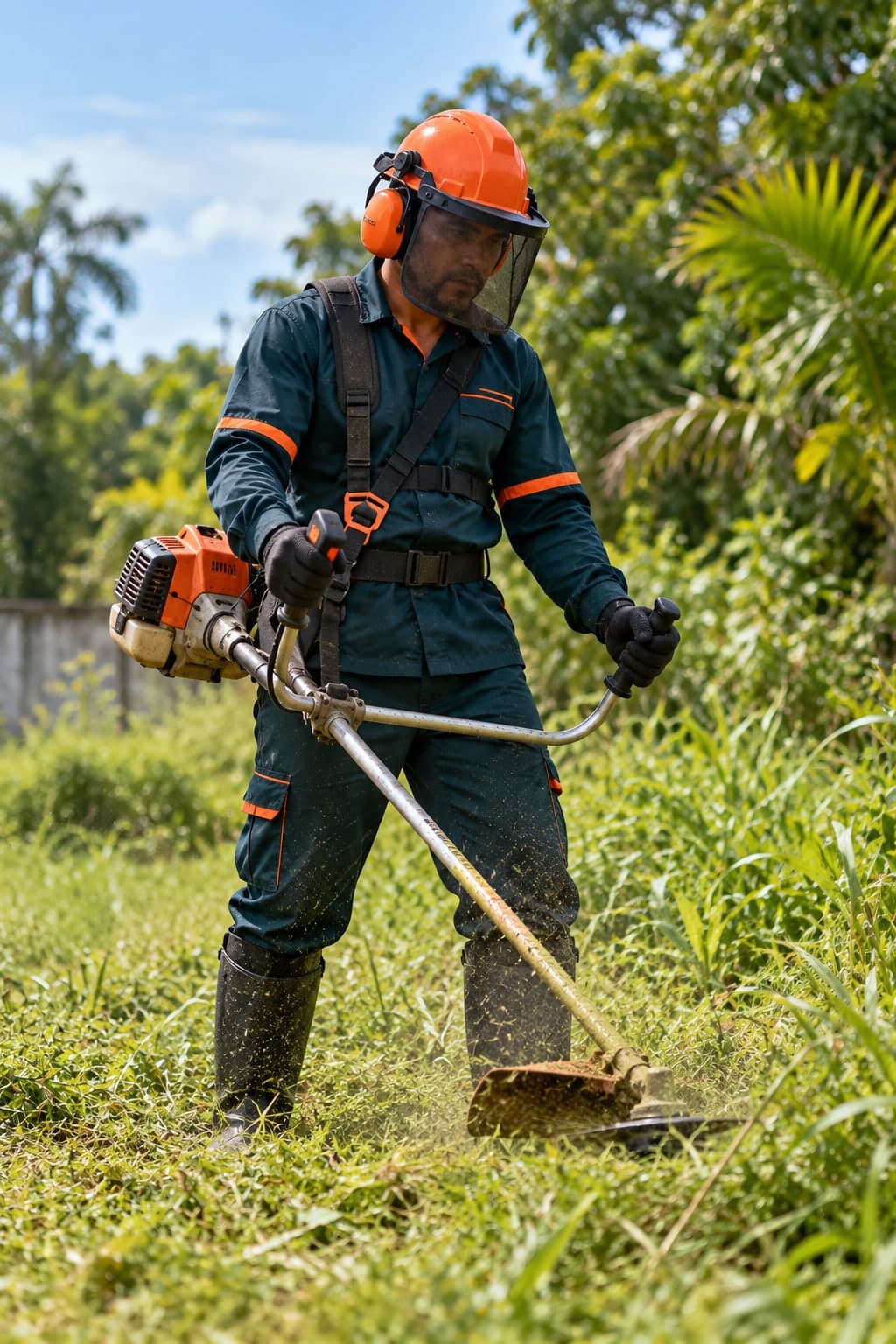 Equipe de roçagem com EPI em área externa